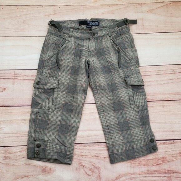 VTG Guess Capri Pants Womens 24 Brown Gray Plaid Cropped Cargo Adjustable Y2K - Picture 1 of 9